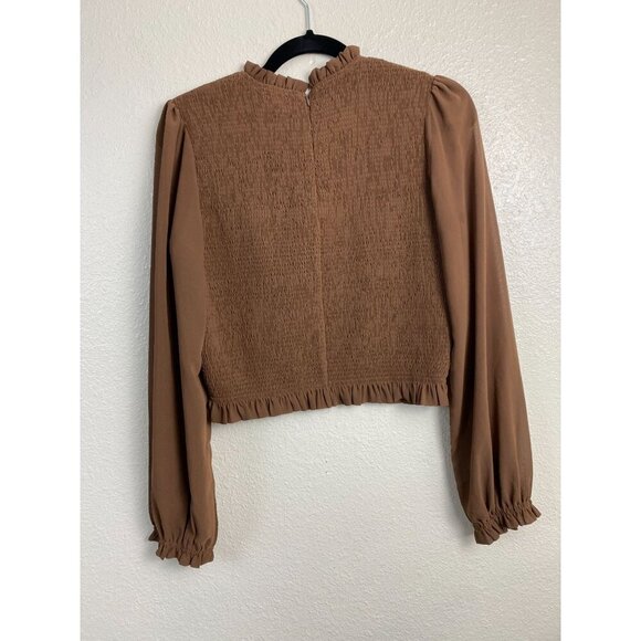 Miou Muse Brown Smocked Top Womens size Large Long Sleeve Boho Capsule Peasant - Picture 2 of 11